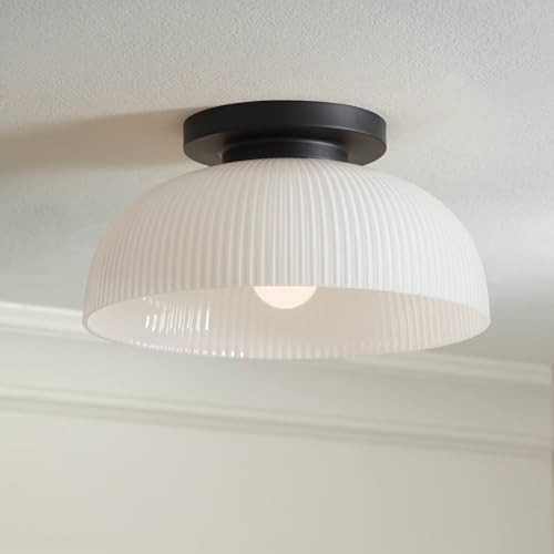 Possini Euro Design Novia 14" Modern Semi Flush-Mount Small Ceiling Light Fixture Kitchen Foyer Hallway Black Finish White Glass Metal Bedroom Bathroom Entryway Living Room Indoor High Ceilings