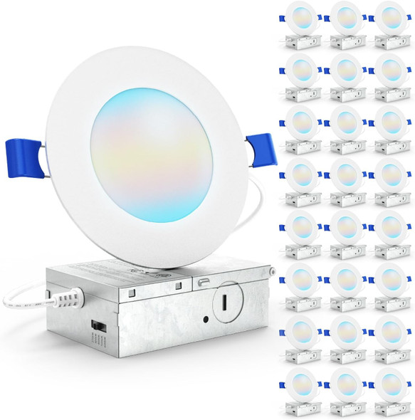 Sunco Lighting Sunco 24 Pack 4 Inch LED Recessed Lights, Canless Ceiling Light Slim, 700 LM, 10W, Selectable CCT 2700K/3000K/4000K/5000K/6000K, Dimmable, Wafer Thin, with Junction Box ETL