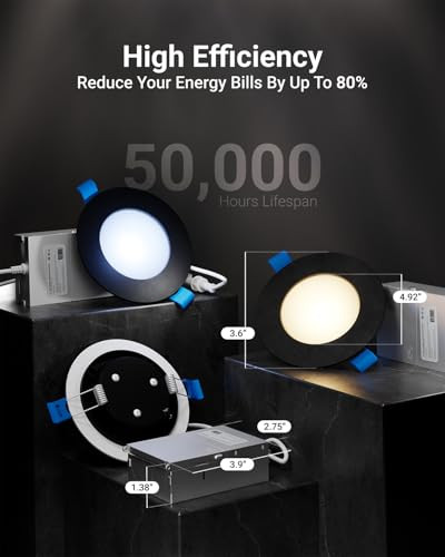 Sunco Lighting Sunco 6 Pack 4 Inch Ultra Thin LED Recessed Ceiling Lights Slim, Black, 700 LM, Selectable CCT 2700K/3000K/4000K/5000K/6000K, Dimmable 10W, Wafer Thin, Canless Downlight with Junction Box, ETL.