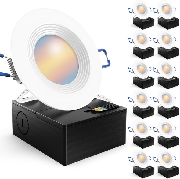 Sunco Lighting Sunco 12 Pack 4 Inch Recessed Lights, LED Baffle Trim, Selectable CCT 2700K/3000K/4000K/5000K/6000K Dimmable 10W, Canless with Junction Box