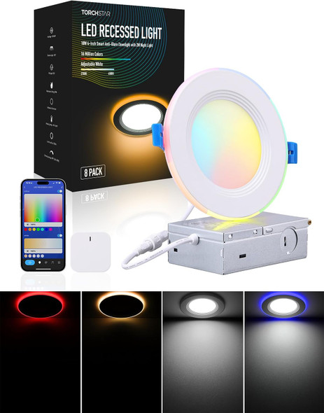 TORCHSTAR 8-Pack 6 Inch Smart LED Recessed Ceiling Light with 3W RGBCW Back Night Light 2700K-6500K Dimmable CCT Color Changing Slim Recessed Lighting Baffle Trim Hub Included ETL & ES
