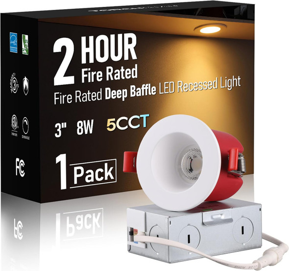 TORCHSTAR 4 Inch 2 Hour Fire Rated Deep Baffle Recessed Light, Meets UL263 & ASTM E119, IC Rated Airtight 15W Canless Downlight with J-Box, 5CCT Dimmable for Office Hotel Commercial Use