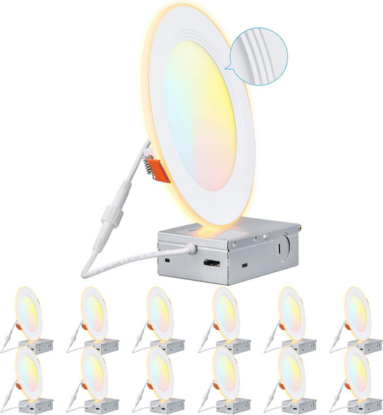TORCHSTAR 12-Pack 6 Inch 5CCT LED Recessed Lighting with Night Light, Anti-Glare Baffle Trim, 2700K3000K3500K4000K5000K, High CRI90, 12W Dimmable Ultra-Thin Canless Wafer Downlight, ETL