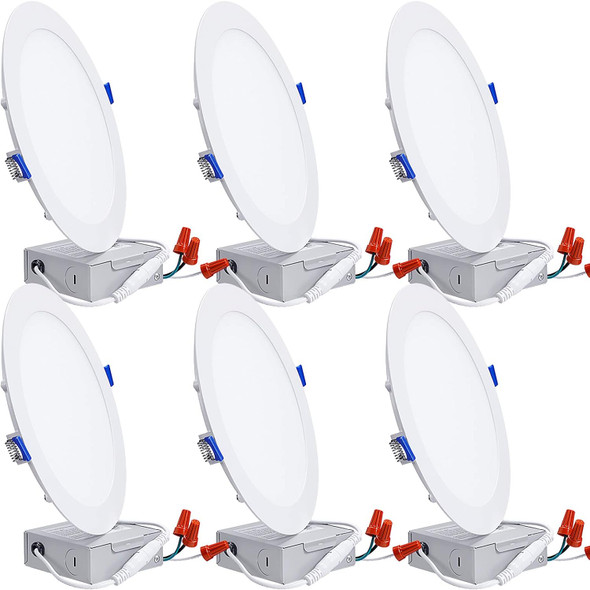 TORCHSTAR 8 Inch 5CCT Ultra-Thin LED Recessed Ceiling Light with Junction Box, CRI90, 27003000350040005000K Selectable, 18W Dimmable Slim Canless Wafer Downlight, ETL & ES & FCC, Pack of 6