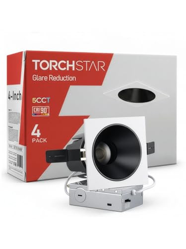 TORCHSTAR 4 Inch 5CCT Anti Glare LED Recessed Lights with J-Box, Deep Trim Gimbal Recessed Light, IC Rated, Dimmable, Square Canless Downlight, CRI 90, 2700-5000K, ETL, FCC, T24, Pack of 4