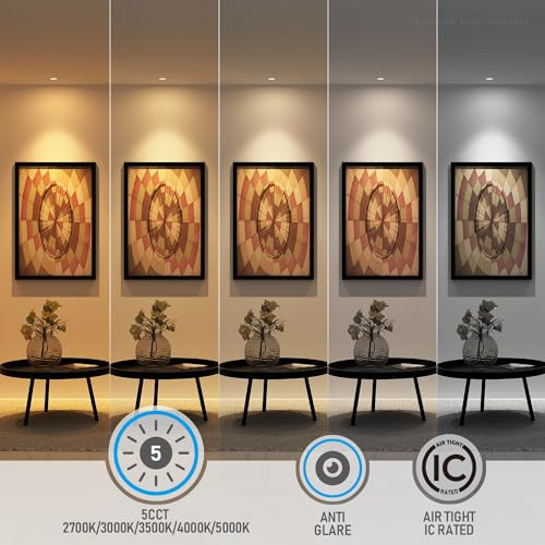 TORCHSTAR 5CCT 2 Inch Recessed LED Lights with Junction Box, Narrow Frame Smooth Trim, Aluminum, 5W 400LM CRI90 Dimmable Anti-Glare Downlight, IC Rated, ETL, 2700-5000K Selectable, Pack of 6