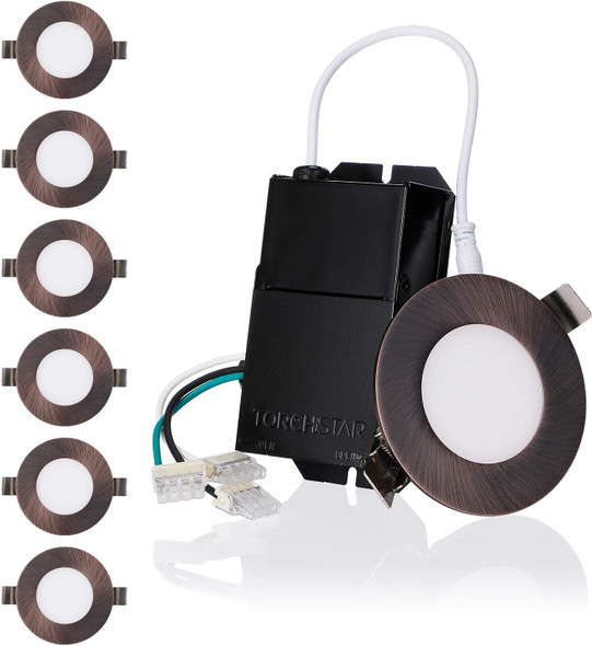 TORCHSTAR E-Lite Series 3 Inch Ultra-Thin LED Recessed Lighting with J-Box, CRI90+ Dimmable 7W Slim Panel Downlight, Wet Location, ETL & ES Listed, Oil Rubbed Bronze, 2700K Soft White, Pack of 6