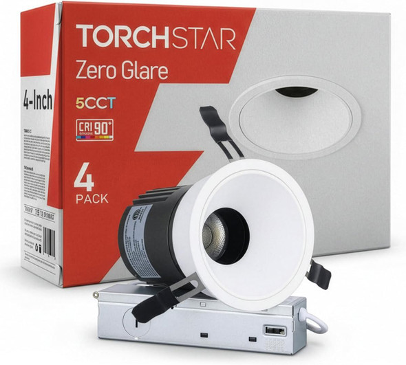 TORCHSTAR 3 Inch 5CCT Anti Glare LED Recessed Lights with J-Box, Deep Recessed Zero Glare Canless Downlight, Ultra-Slim Trim Gimbal Ceiling Light, 2700-5000K, Ultra Narrow Frame, ETL FCC, Pack of 4