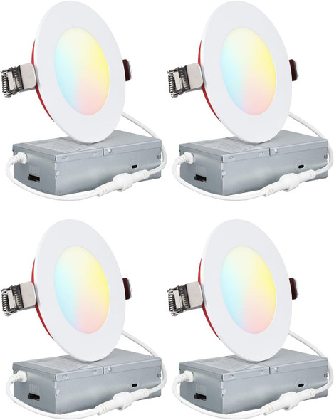 TORCHSTAR 5CCT 2 Hour Fire Rated Ultra-Thin LED Recessed Lighting with J Box, UL263, 4 Inch Dimmable Slim Recessed Canless LED Downlight, IC Rated, 2700K3000K3500K4000K5000K, ETL & ES & T24, Pack of 4