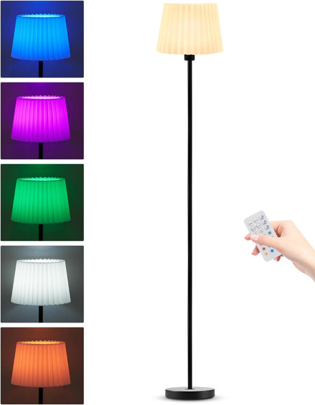 UMEXUS Cordless Floor Lamp for Bedroom, Rechargeable Battery Operated with Remote & Timer, Dimmable RGB, Pleated Standing Light Small Corner Pole Lamps for Living Room Bedside Outdoor Patio Home Decor