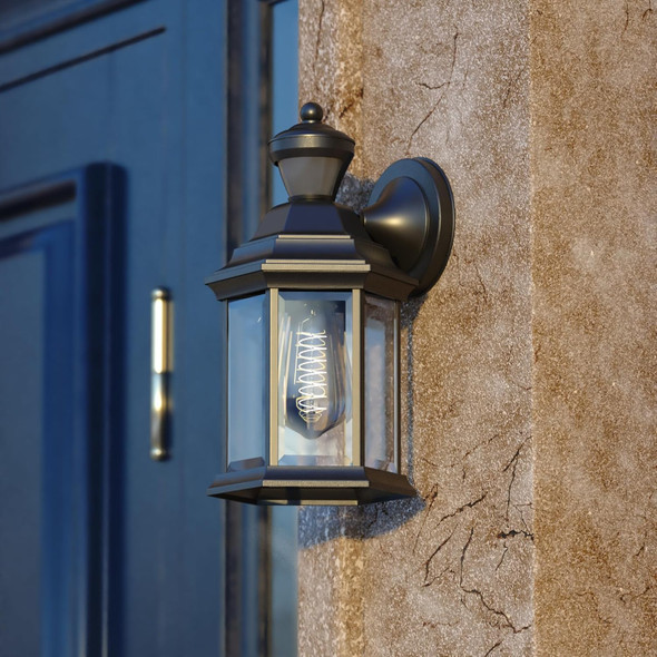 VAXCEL Auburn Aluminum 6.25-in. W 1 Light Black Motion Sensor Dusk to Dawn Outdoor Wall Lantern Clear Glass