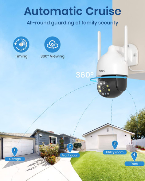 2K Security Cameras Outdoor/Home, 360°Pan-Tilt View Timed Cruise 2.4G WiFi Security Camera with Motion Tracking, Spotlight & Siren, 2-Way Audio, Full Color Night Vision, Waterproof