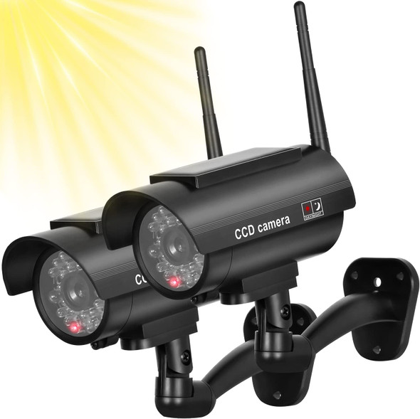 BNT Solar Powered Fake Security Camera, Bullet Dummy Security Camera Simulated Surveillance System with Realistic Red Flashing Light Sensor and Warning Sticker for Indoor/Outdoor(2Pack, Black) BNT Solar Powered Fake Security Camera, Bullet Dummy Security Camera Simulated Surveillance System with Realistic Red Flashing Light Sensor and Warning Sticker for Indoor/Outdoor(2Pack, Black)