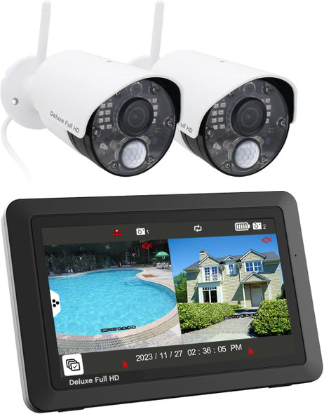 Deluxe VS5802 Security Camera System with 1080p Cameras and 7" Touchscreen Monitor, Two-Way Audio, Free APP, 32GB SD Card and Battery Installed (1080p Deluxe Camera) Deluxe VS5802 Security Camera System with 1080p Cameras and 7" Touchscreen Monitor, Two-Way Audio, Free APP, 32GB SD Card and Battery Installed (1080p Deluxe Camera)