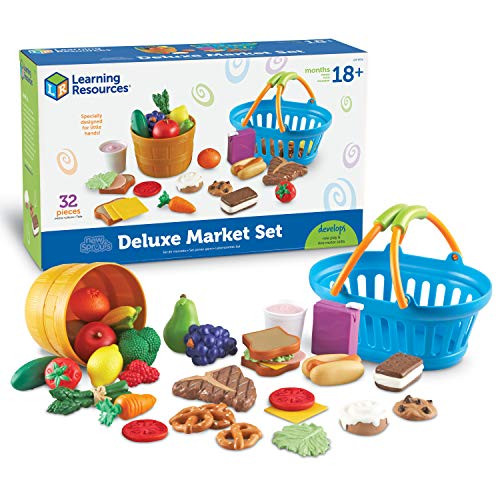 Learning Resources  Sprouts Deluxe Market Set - Pretend Play Kitchen, Fruit Basket, Toddler Outdoor Play Food Toys, Kids Playset, Shopping Basket, Fine Motor Skills, Montessori Sensory Cooking
