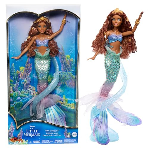 Mattel Disney The Little Mermaid Deluxe Ariel Doll with Iridescent Tail, Hair Jewelry Beads & Display Stand, Inspired by the Movie