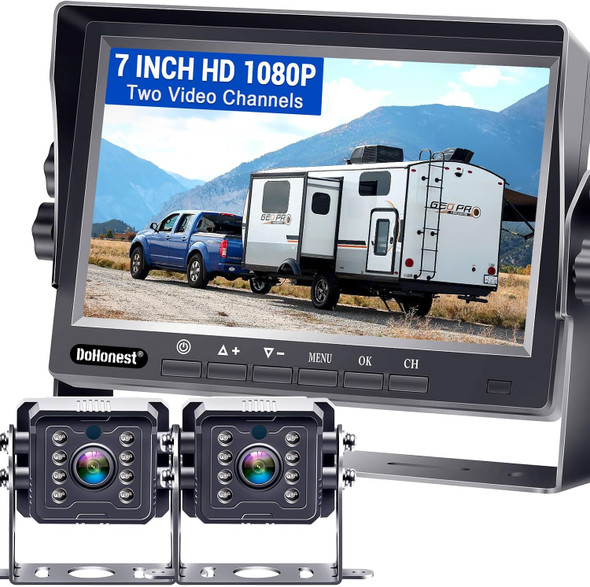 DoHonest RV Backup Camera Systems HD 1080P 7" Monitor 2 Rear View Cameras Kit for Truck Trailer Camper 5th Wheel Easy Installation Night Vision Waterproof P13 DoHonest RV Backup Camera Systems HD 1080P 7" Monitor 2 Rear View Cameras Kit for Truck Trailer Camper 5th Wheel Easy Installation Night Vision Waterproof P13