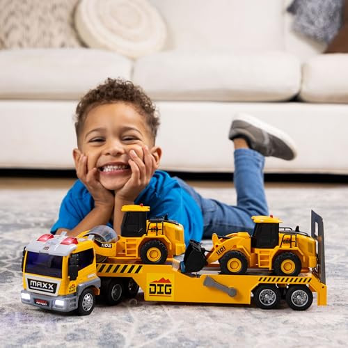 Maxx Action Deluxe Large Construction Long Hauler with 2 Vehicles, Lights and Sound, 3+