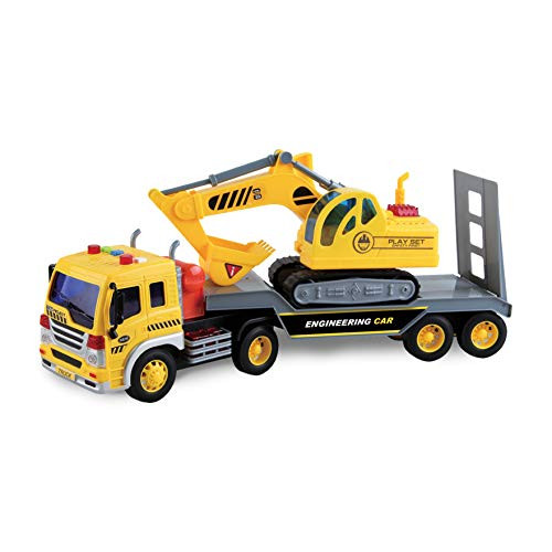 Maxx Action 17™™ Vehicle Transport with Excavator “ Bright Lights and Construction Sounds  Friction Powered Trailer  3 Piece Toy Playset for Kids  Yellow Construction Truck for Kids