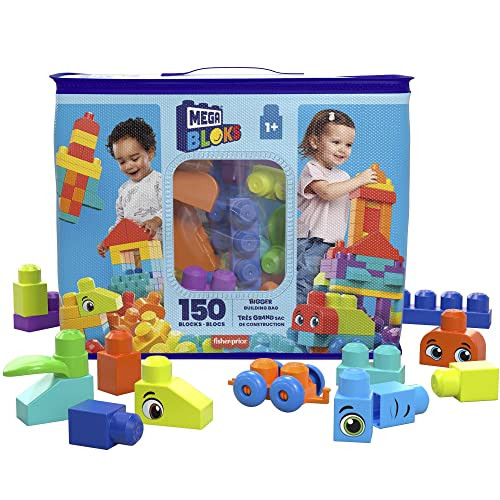Mega Bloks First Builders Toddler Blocks Toys Set, Bigger Building Bag with 150 Pieces and Storage, Creative Open-Ended Play, Blue, Ages 1+ Years