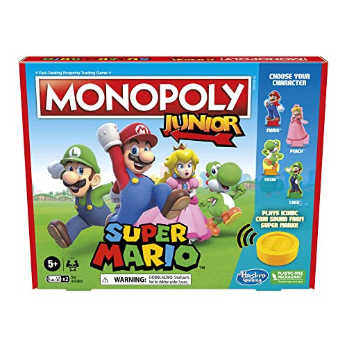 Monopoly Junior Super Mario Edition Board Game, Fun Kids' Ages 5 and Up, Explore The Mushroom Kingdom as Mario, Peach, Yoshi, or Luigi ( Exclusive)