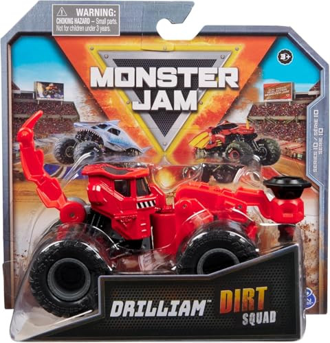 Monster Jam , Official Dirt Squad Monster Truck with Moving Parts, 1:64 Scale Die-Cast Vehicle Toys for Boys 3+ (Drilliam Red)