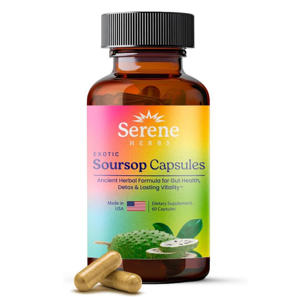 Serene Herbs Graviola Soursop Capsules Organic - Guanabana Extract Pills with Black Seed, Irish Moss & Moringa - 16 Herb Daily Supplements & Digestive Support - Vegan, Non-GMO - 7,000 mg - 60 Count