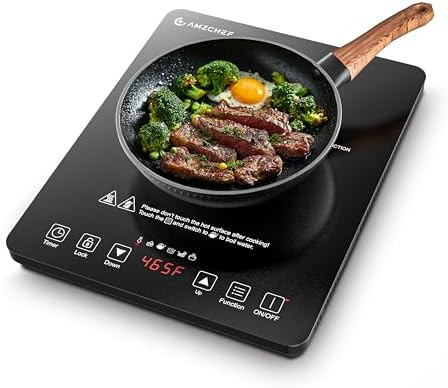 Amzchef Portable Induction Cooktop 20 Temperature & Power Levels 1800W Induction Stove Burner With 6.8" Heating Coil Low Noise Hot Plate Single Electric Cooktops Countertop Stove With Timer