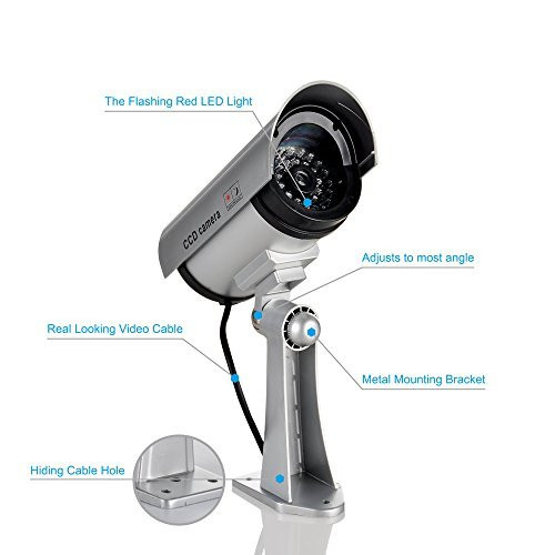 F FINDERS&CO Fake Security Camera, Dummy CCTV Surveillance System with Realistic Red Flashing Lights and Warning Sticker (2, Silver)