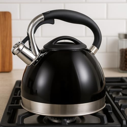 Creative Home 3.5 Quart Whistling Tea Kettle For Stovetop Food Grade Stainless Steel Tea Pot Fast Boiling Water Ergonomic Handle For Gas & Induction Black