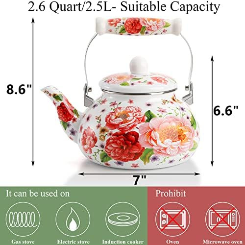 Deayou 2.6 Quart Enamel Tea Kettle Stovetop Large Porcelain Enameled Teakettle 2.5L Vintage Tea Pot With Ceramic Cool Handle Colorful Floral Steel Teapot For Hot Water Retro Decor No Whistling