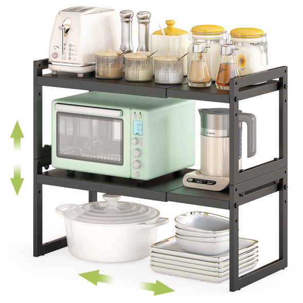 Dolalike Expandable Kitchen Countertop Organizer Stackable Cabinet Shelf Organizers Space Saving Spice Rack Pantry Storage For Bathroom Office Organization (Black 2 Pack)