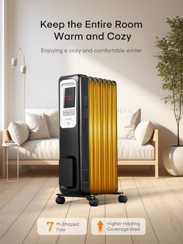 Fohere Oil Filled Radiator Heater For Indoor Use Large Room Safe With Thermostat 1500W Quiet Energy Efficient Space Heater With Remote 4 Modes 24H Timer Overheat Protection Black