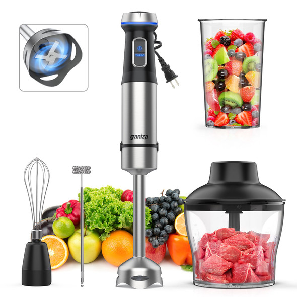 Ganiza Immersion Blender 5 In 1 Hand Blender Max 1000W Heavy Duty Motor 16 Speed Mode Handheld Blender Stainless Steel Blade With 800Ml Mixing Beaker 600Ml Chopper Whisk And Milk Frother