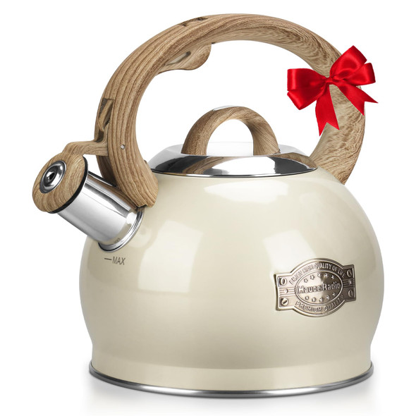 Hauce Radio Tea Kettle Stovetop 2.1 Quart Stove Top Whistling Tea Kettle Teapot Kettles With Food Grade Stainless Steel And Wood Pattern Folding Handle Suitable For All Heat Sources