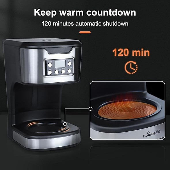 Housesaid Programmable Coffee Maker 12 Cup Brew & Drip Coffee Machine Fully Automatic 1-4 Cup Setting Stainless Steelkeep- Warm Function Household Home And Officeblack