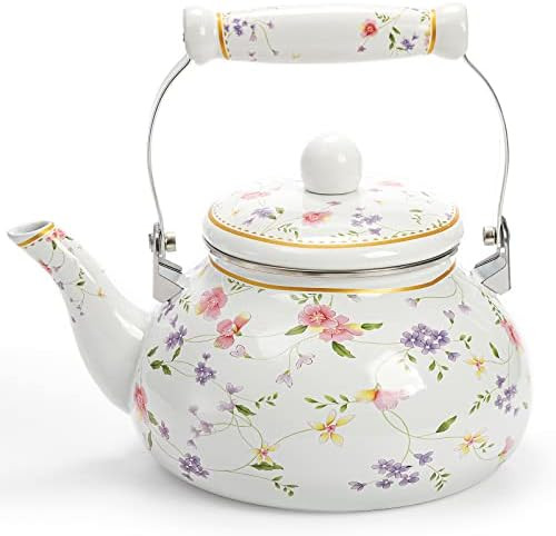 Jucoan Vintage Enamel Tea Kettle 2.6 Quart Floral Enamel Water Kettle Teapot With Porcelain Handle For Stovetop Home Kitchen Camping Housewarming Wedding Bridal Shower Thanksgiving Christmas