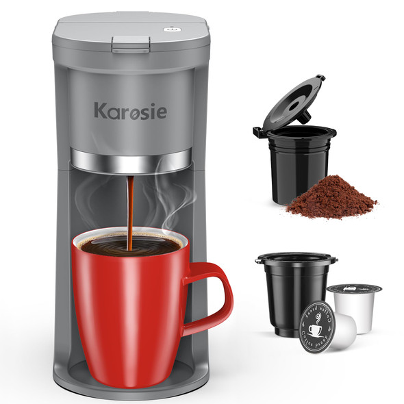 Karosie Small Single Serve Coffee Maker Fast Brew For K-Cup & Ground Coffee 6-12 Oz Brew Sizes One-Button Single Cup Coffee Maker Coffee Machine With Descaling Reminder