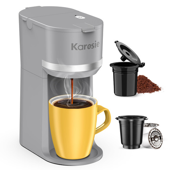 Karosie Single Serve Coffee Maker For K-Cup And Ground Coffee Fast Brew 6-12 Oz Brew Sizes One Cup Coffee Machine Fits 5.5" Mugs One-Button Small Coffee Maker With Descaling Reminderblack