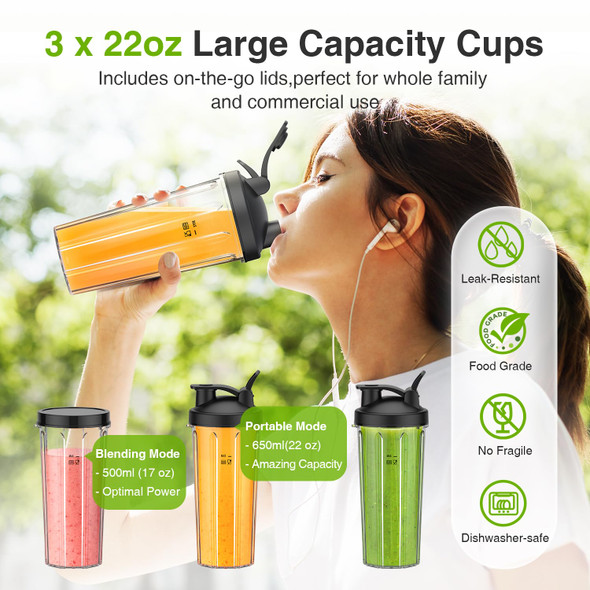 Koios Blender For Smoothiespersonal Blender For Shakes And Smoothies With 3 22Oz To-Go Cups22000 Rpm Smoothie Makerdetachable 6-Leaf Blade Portable Blenders For Kitchenblack