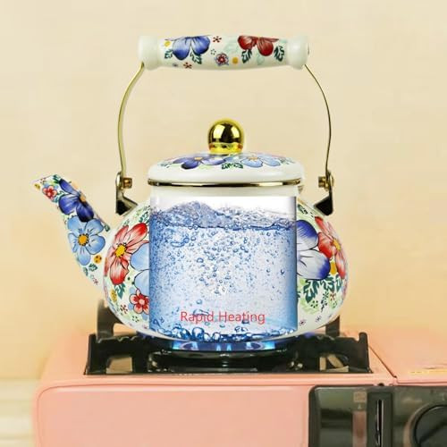 Leebright Blue Floral Enamel Tea Kettle Vintage Gold Beige Teapot Blue Floral Boho Hot Water Coffee Kettle Pot 2.5L Porcelain Tea Pot With Ceramic Handle For Stovetop Kitchen Home Decor