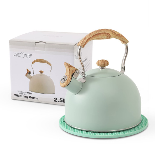 Lonffery Tea Kettle For Stove Top 2.5 Quart Whistling Tea Kettle With Food Grade Stainless Steel And Wood Pattern Folding Handle Turquoise