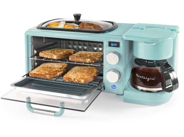 Nostalgia 3-In-1 Breakfast Station - Includes Coffee Maker Non-Stick Griddle And 4-Slice Toaster Oven - Versatile Breakfast Maker With Timer - Aqua