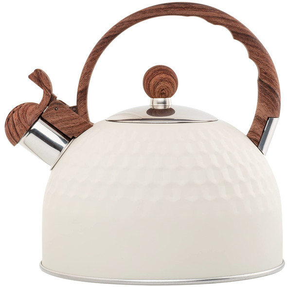 Tedswait Whistling Stainless Steel Tea Kettle With Wood Grain Anti Heat Handle Cylindrical Wood Grain Stainless Steel Cover 2.6 Quart/2.5 Liter Beige