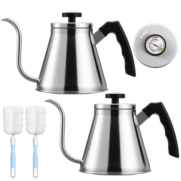 Teecyhooo 2 Pack Gooseneck Tea Kettle With Thermometer - 40 Oz Stainless Steel Stovetop Pour Over Coffee Pot Coffee Maker Kettles For Camping Kitchen Home Water Boiler(Black And Sliver)