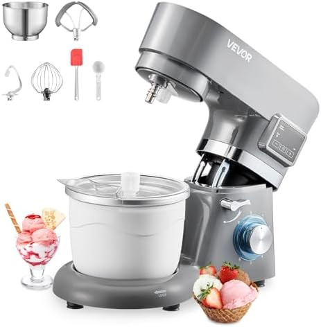 Vevor Ice Cream Maker 1.8 Qt. Capacity 6-Speed Electric Stand Mixer With Led Digital Display & Timer Mixing Paddle Dough Hook Splash Guard For Homemade Frozen Yogurt Fruit Sorbet Gelato Grey