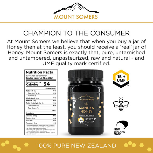 Mount Somers Premium Manuka Honey MGO 514+ / UMF 15+ 100% Pure New Zealand Manuka Honey - Genuine Natural Superfood - UMF Certified & Traceable 1.1lb Jar