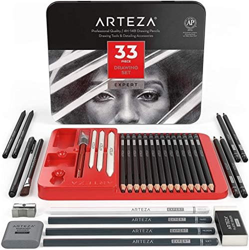 Arteza Drawing Set For Adults, Set Of 33 Artist Sketching Tools, 20 Graphite & 4 Charcoal Sketch Pencils, 1 Fineliner, 3 Blenders, 1 Sharpener, 3 Erasers & 1 Hobby Knife, Art Supplies For Drawing