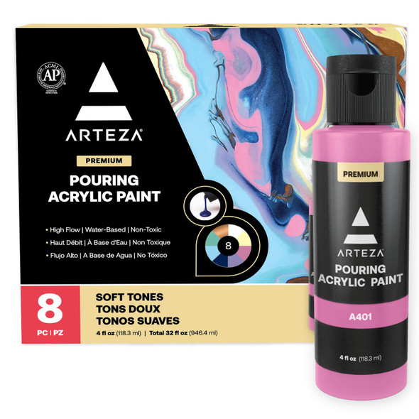 Arteza Acrylic Pouring Paint Set, 8 Rainbow Colors, 4 Oz Bottles, High-Flow Paint, No Mixing Needed, Art Supplies For Canvas, Glass, Paper, Wood, Tile, And Stones