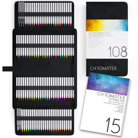 Chromatek 54 Watercolor Pens Set  Including 15 Page Pad & Online Video Tutorial Series  4 Aquapens & 50 Unique Colors  Brush Pens  Easily Blendable, Vivid, Smooth  Professional Art Supplies